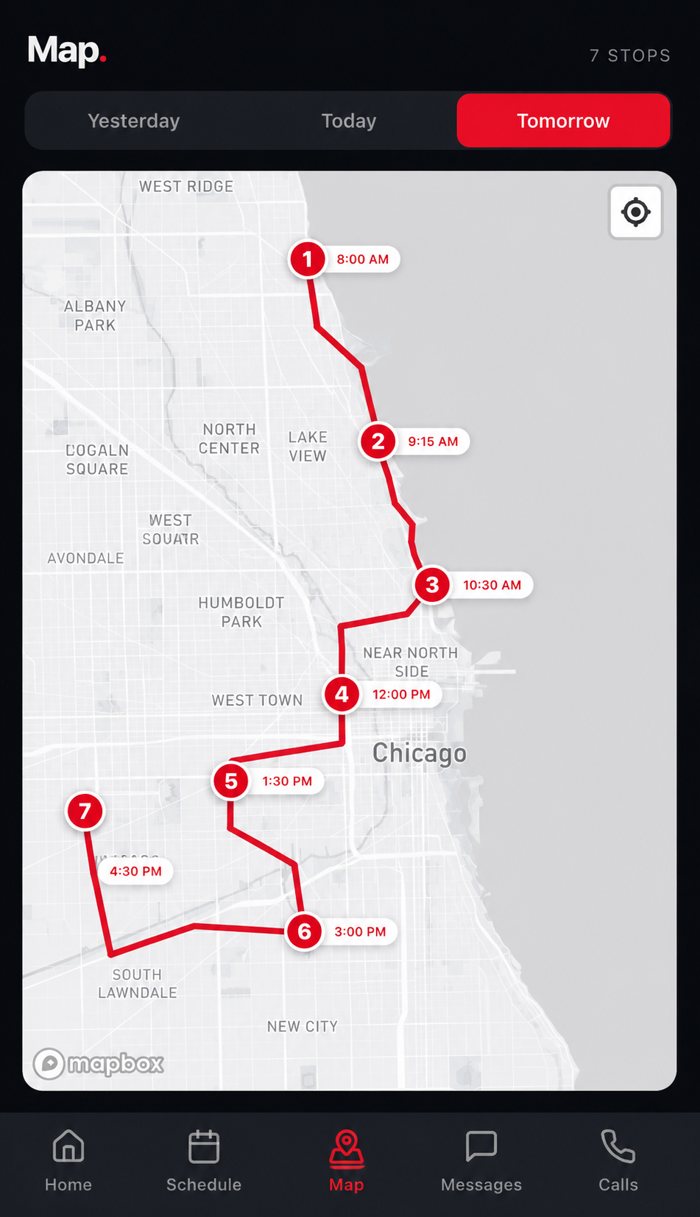 JobField tech app — today's route with stops across the city